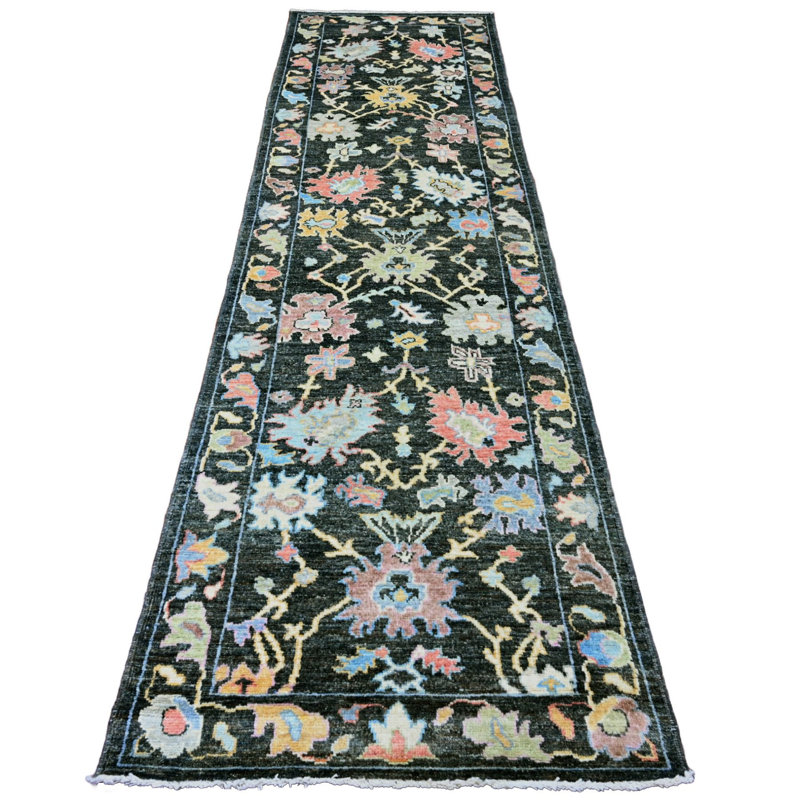Tapis de couloir oriental gris anthracite 3 pi 3 po x 11 pi 6 po Oushak afghan avec motif de feuilles colorées