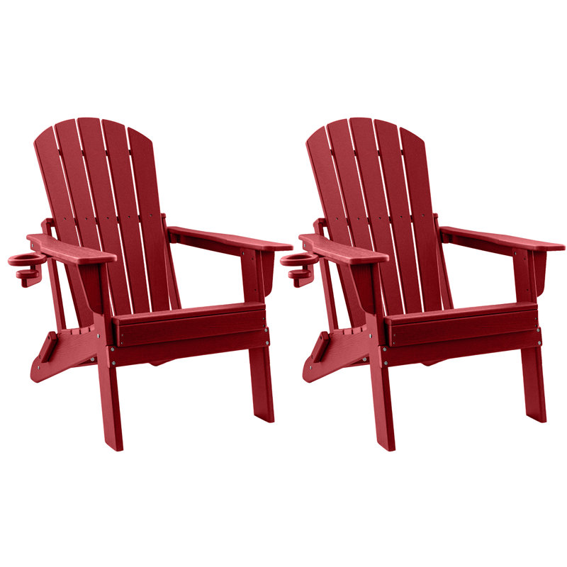HDPE Folding Adirondack Chair With Cup Holder,Weather-Resistant, Low Maintenance,Supports Up To 400Lbs,Red,2 Pack, Red