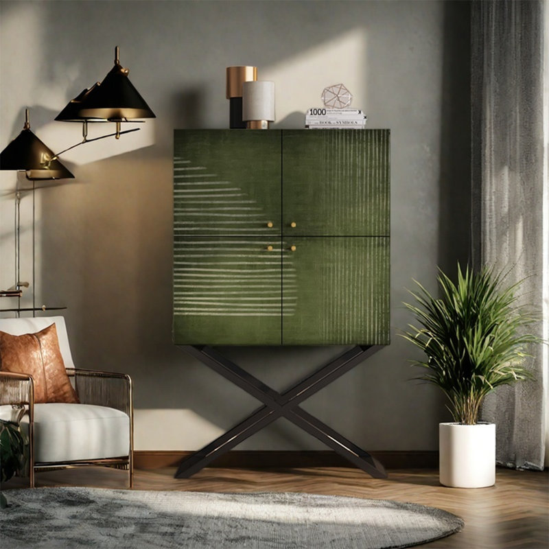 Walnut Four Door Storage Cabinet with Metal Legs, Black