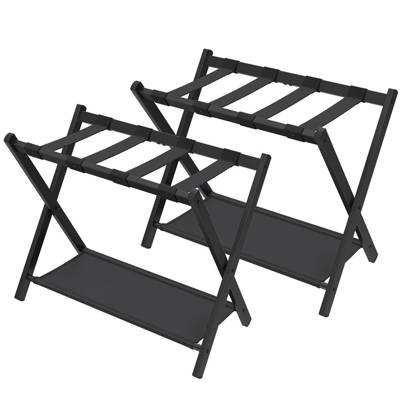Set of 2 Foldable Luggage Racks with Storage Shelf for Guest Room, Black
