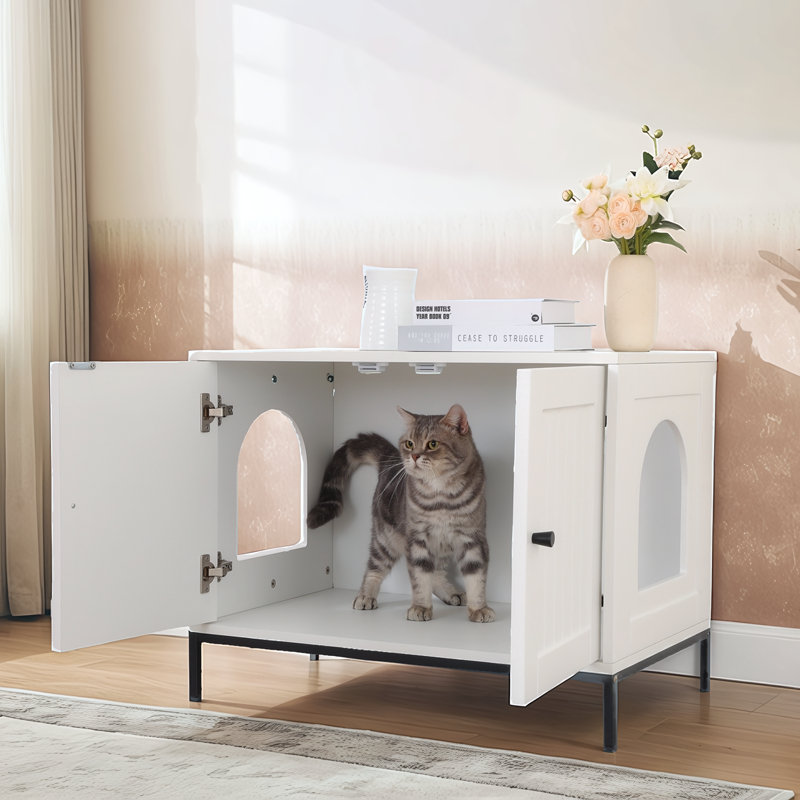 Enceinte moderne blanche pour bac à litière, armoire à litière double pour chat, Blanc/Noir