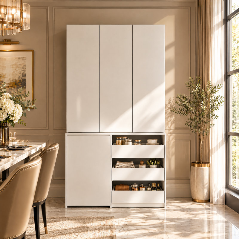 Modular Pantry Cabinet with Rolling Snack Cart, Drawers and Concealed Storage