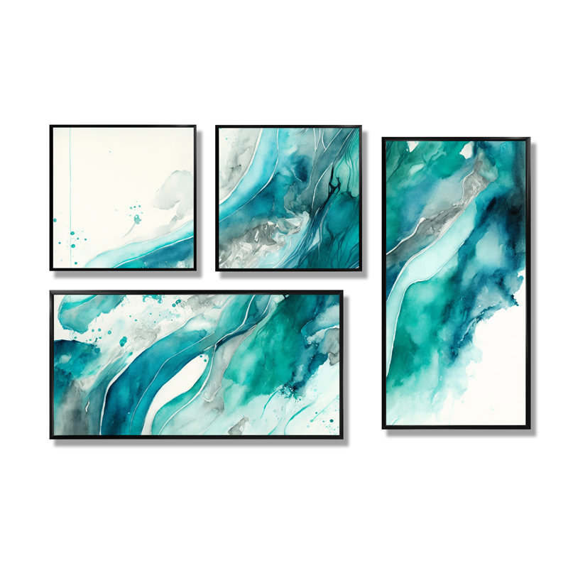 Turquoise Waves In Paradise I - Décoration murale moderne verte 4 pièces, Noir, Impression encadrée sans passe-partout