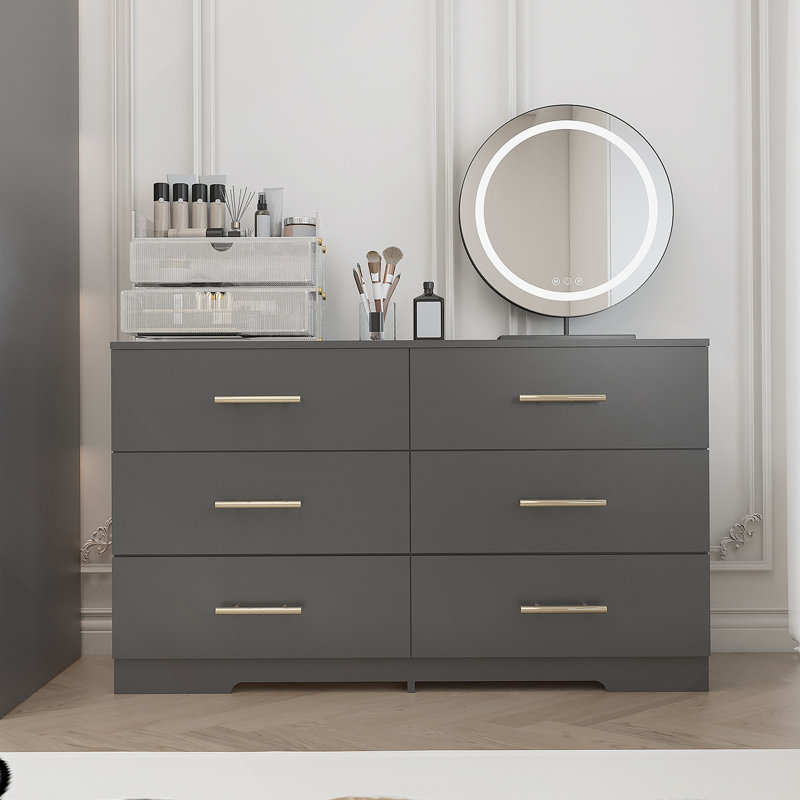 Grande commode 6 tiroirs de couleur noire avec poignée dorée, Noir