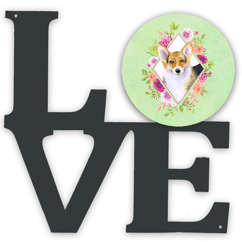 Décoration murale en métal love fleurs, Vert, Corgi brun