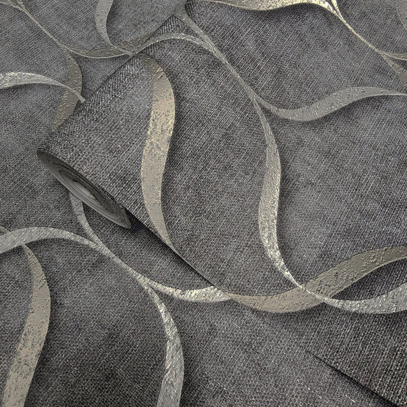 Papier peint à lignes de treillis ondulé gris foncé, laiton et argent métallique
