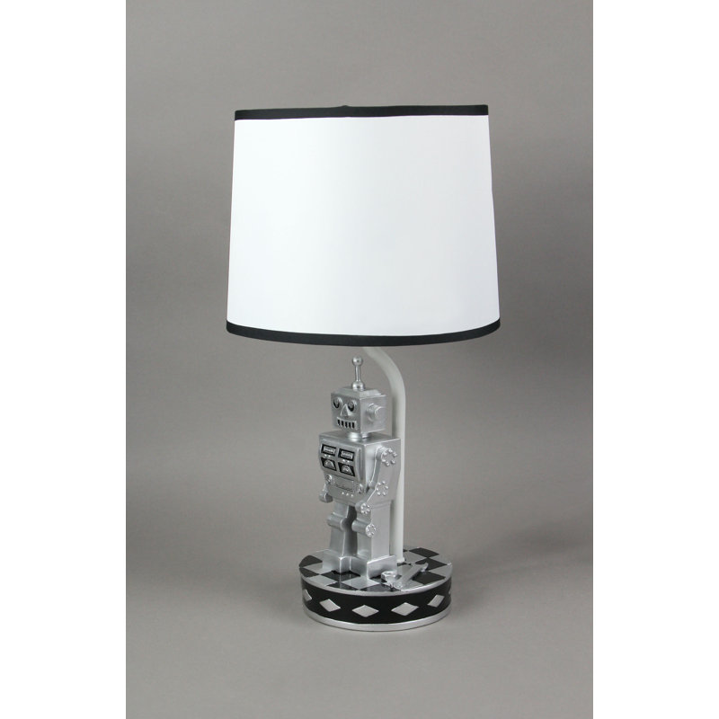 Industrial 1960s sci-fi silver cold cast resin robot table lamps set of 2 with navy blue and white 9" shades, 40W or 13W LED — 16.5" tall