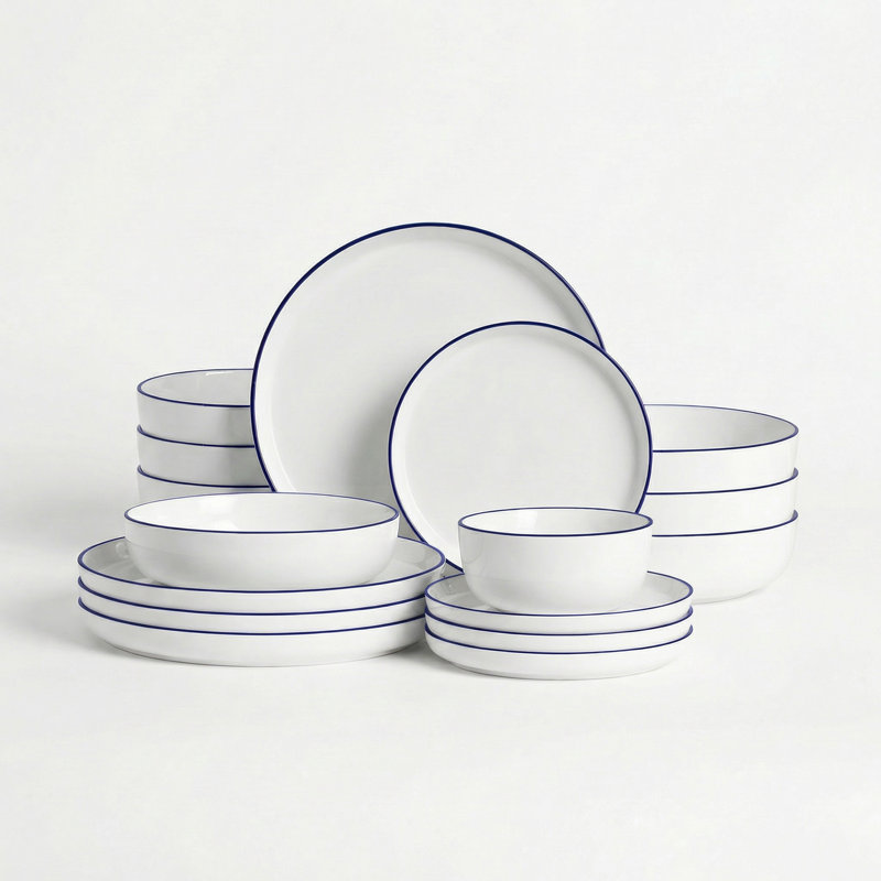 Service de table 16 pièces, bordure marine, Blanc / Bleu marine
