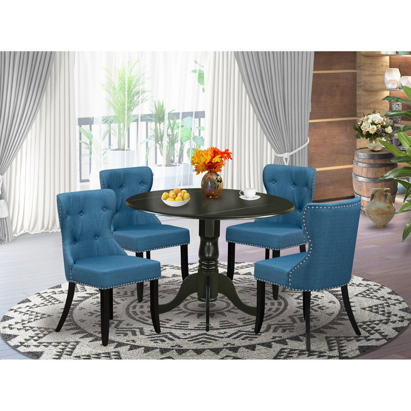 Ensemble de table de salle à manger 5 pièces comprenant une table de cuisine ronde avec Dropleaf et 4 chaises de salle à manger Parson en tissu bleu, 42 x 42 po, noir