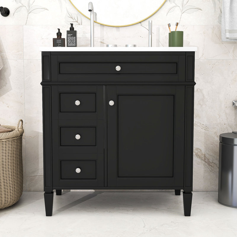 Meuble-lavabo de salle de bain avec comptoir en céramique et plateau coulissant en céramique sriyaan, Noir, noir, noir, noir