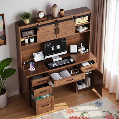Bureau de ferme avec station de charge, huche de porte de grange coulissante, 5 tiroirs, armoire de rangement et tablette réglable à 3 positions
