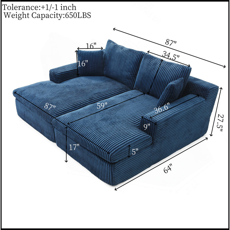 Chaise longue modulaire surdimensionnée de 87 po avec canapé-lit moelleux en nuage, aucun assemblage requis, causeuse moelleuse moderne