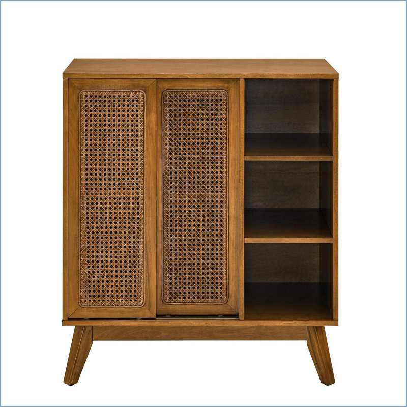 Sideboard Cabinet Mid Century Modern Light Wood with Rattan Doors, Adjustable Shelves &amp; Outlet Holes | MDF | Solid Wood Feet