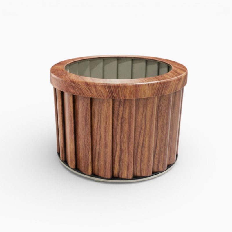 Pot à fleurs rond brun moyen en aluminium, avec drainage prédécoupé pour l'évacuation de l'eau, finition de ton de bois moderne et plateau interne à conserver, profondeur / largeur de 8,5 po, hauteur de 6,37 po, 2,97 lb