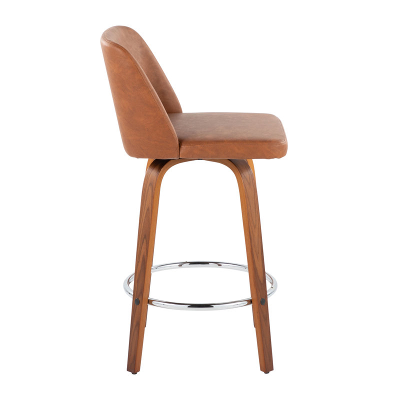 Tabouret de comptoir de style moderne Mid-Century à hauteur fixe de 26 po avec pivot en bois de noyer et repose-pieds rond en chrome Toriano par Lumisource - ensemble de 2