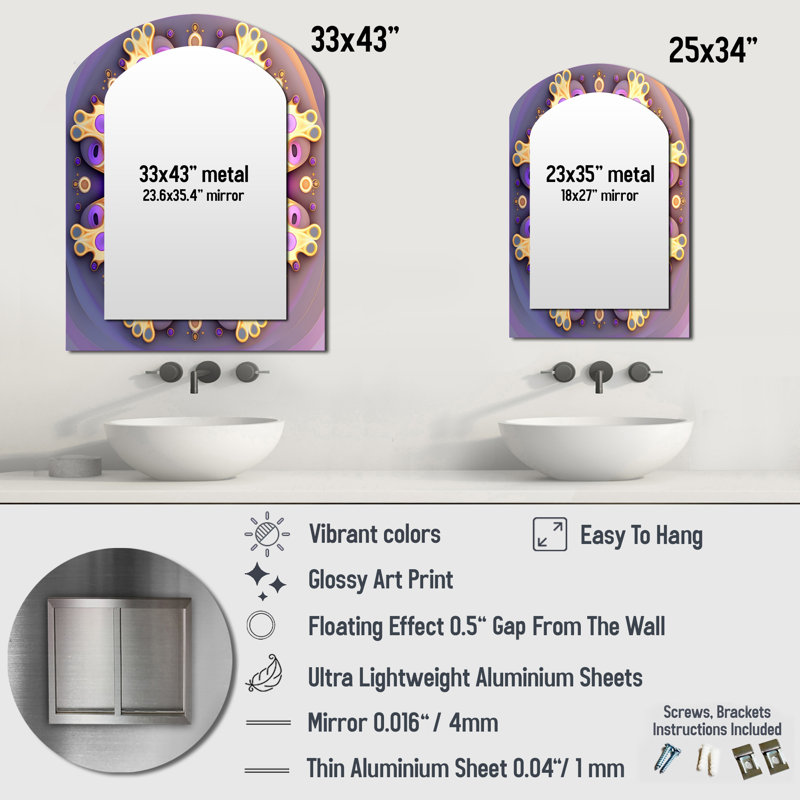 Ethereal Fractal Mandal In Purple And Yellow - Boho Mandala Asymmetrical Large Wall Mirror, Traditional Arch Unique Mirror, Printed Metal Art