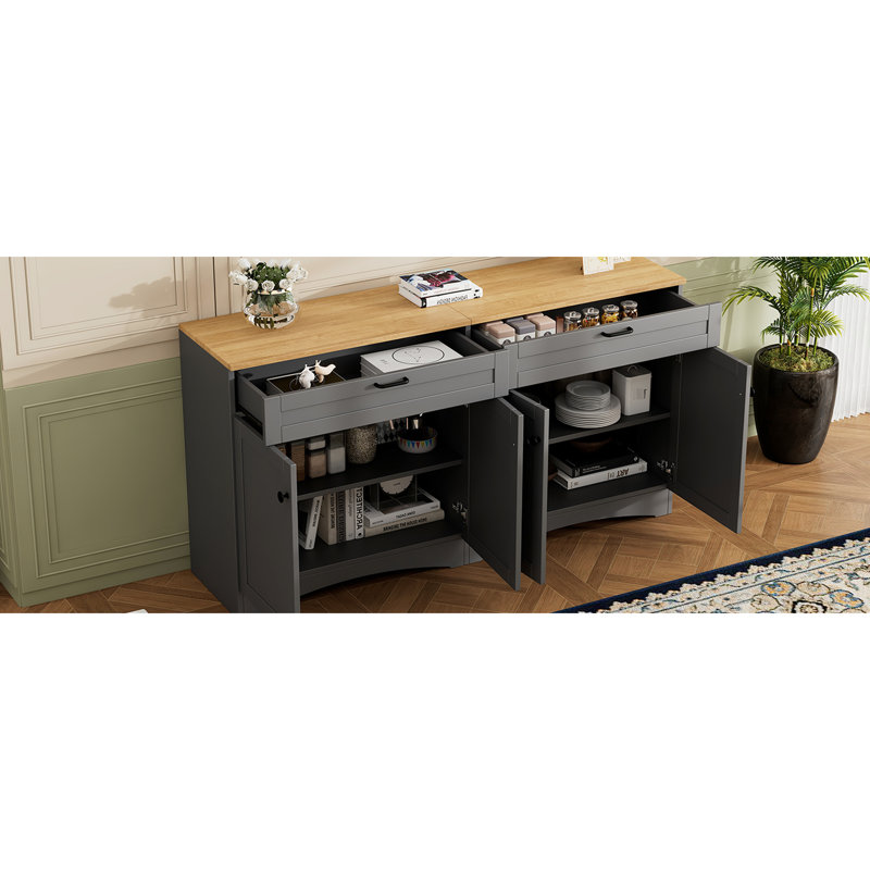Buffet avec 2 tiroirs et tablettes réglables, meuble télé gris pour écrans de 70 po ou moins