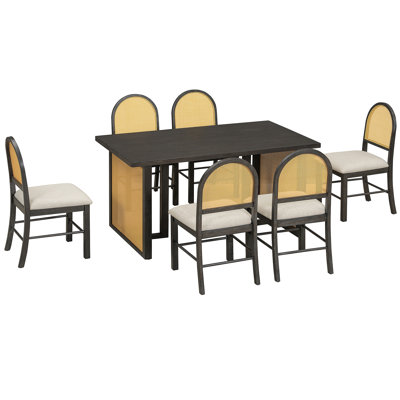 7-Piece Farmhouse Dining Table Set for 6 - 59.8" Rectangular Dining Table with Distressed Oak Veneer and 6 Rattan Chairs, Rustic Kitchen Furniture