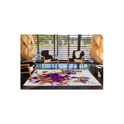 Multicolor Butterfly Pattern Paint Splatter Machine Washable Decorative Rug