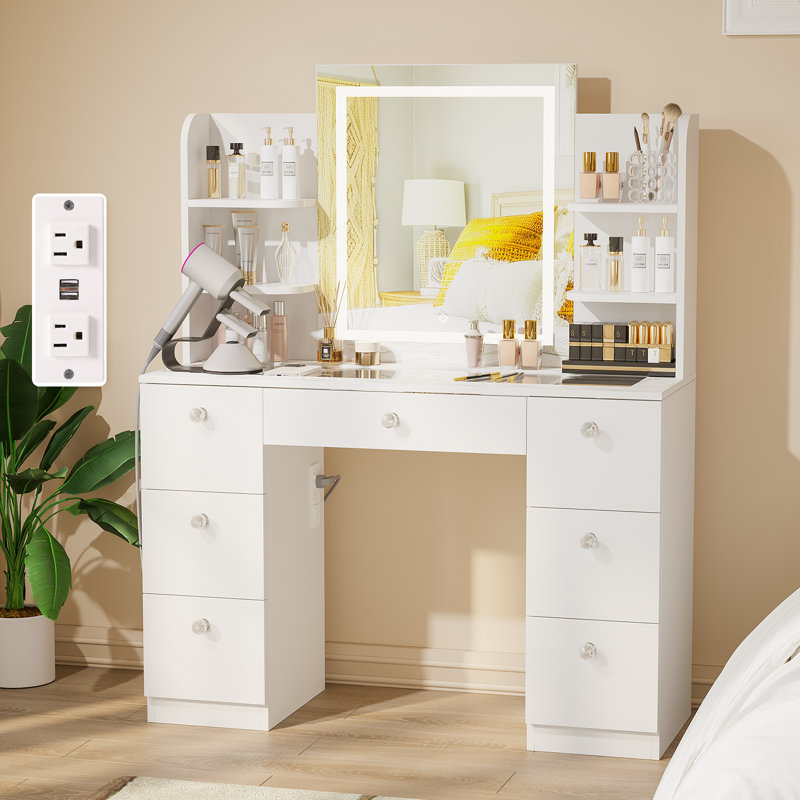 Vanity With LED Mirror And 7 Drawers And 6 Open Shelves, Marble / White