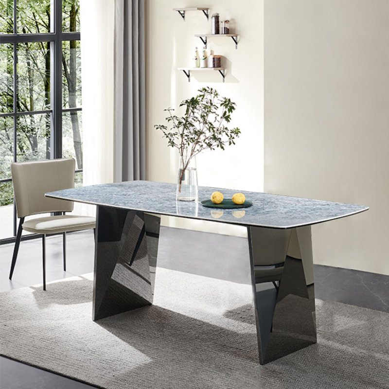 Table de salle à manger grise rectangulaire en bois massif et en pierre frittée, H 29,53 po x L 62,99 po x l 35,43 po