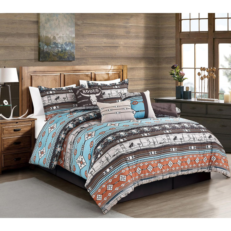 Southwestern Cabin Lodge Bedding Comforter, Full Comforter+2 Standard Shams+3 Throw Pillows