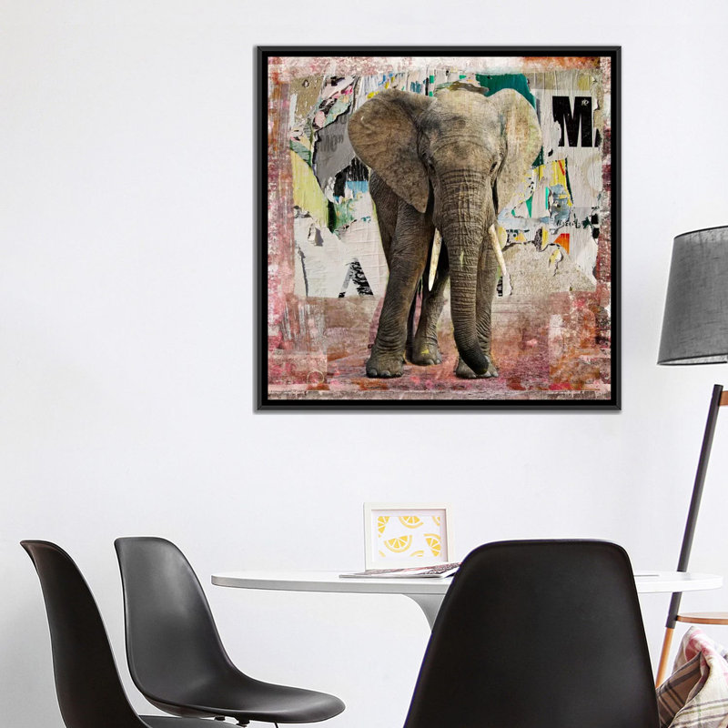 "Elephant Torn" par Luz, impression sur toile, H 18 po x l 18 po x P 1,5 po, Toile avec cadre noir, Pas de tapis