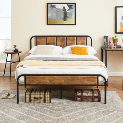 Kempst Bed Frame with Rustic Vintage Wood Headboard Platform Bed No Box Spring Needed