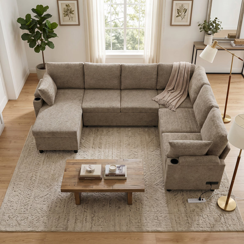 109.9"Chenille Sectional Sofa Bed U-Shaped Brown