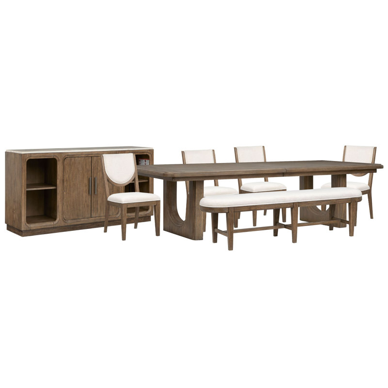 Table de salle à manger extensible à tréteaux avec banc et buffet à 4 chaises, 7 pièces: table, 4 chaises, banc, buffet