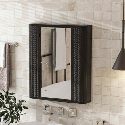 Armoire de salle de bain murale avec miroir, armoire à pharmacie avec porte en miroir en métal, 2 tablettes intérieures pour le rangement, style maison de campagne moderne, rangement pour toilette ou coiffeuse