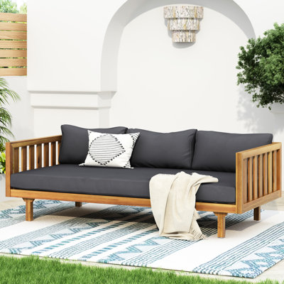 Banquette 3 places gris foncé - Bois, siège à lattes, coussin d'eau, 169,5 x 80,6 x 62,7 cm (L x P x H).