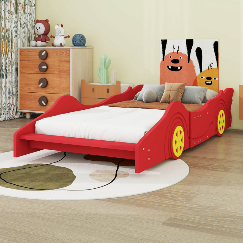 Lit plateforme en forme de voiture avec roulettes, Rouge, Simple