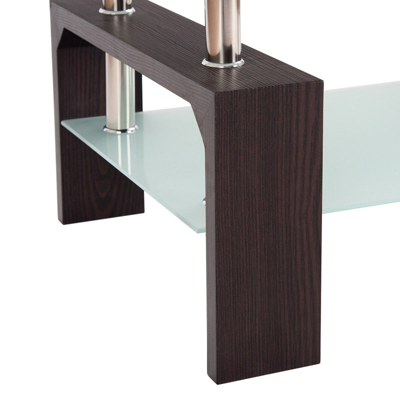 Rectangular Tempered Glass Coffee Table with Shelf, Dark Brown, Clear