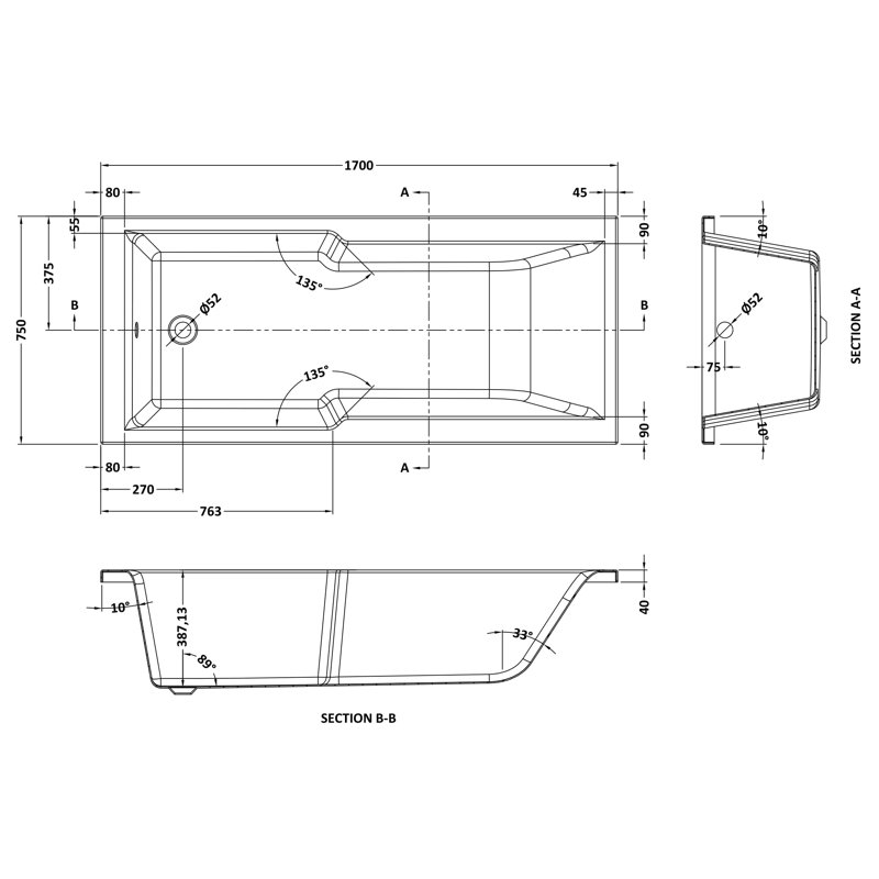 Shower Baths x 750mm Soaking Acrylic Bathtub, 40cm H x 80cm W x 180cm L