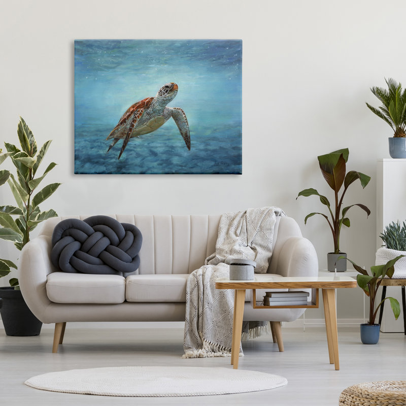 «Sea Turtle Underwater Marine Scene Deep Ocean Water» par David Stribble - peinture sur toile tendue, Toile tendue