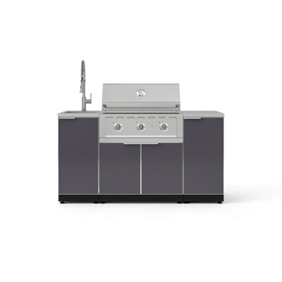 Ensemble d'armoires pour l'extérieur en aluminium gris ardoise 5 pièces avec évier, 1 porte, armoire de barbecue, barbecue au gaz naturel performant 33 po, comptoir en acier inoxydable 16 po et robinet en nickel brossé