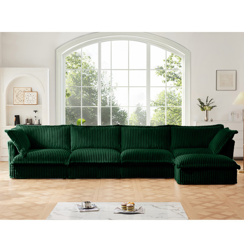 Modular Sofa With Ottoman for Shetucket Sectional Living Room Set Collection, 34.5" H x 156.5" W x 55" D, Green Corduroy