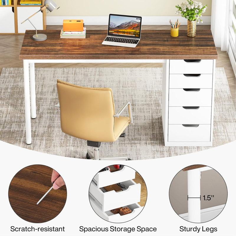 Bureau d'ordinateur à 5 tiroirs, bureau à domicile rustique brun de 47 pouces avec rangement, bureau d'ordinateur simple et moderne, table d'écriture pour petits espaces (armoire à tiroir réversible)