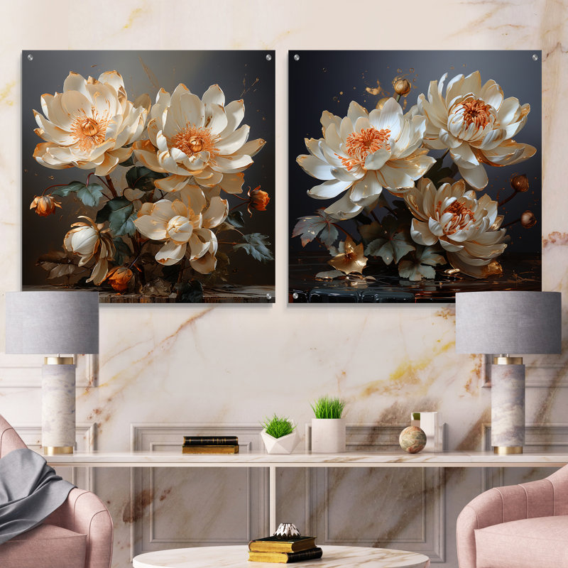 Gilded Tranquility Lotus - lot de 2 art mural en verre acrylique lotus, H 16 po x l 33 po