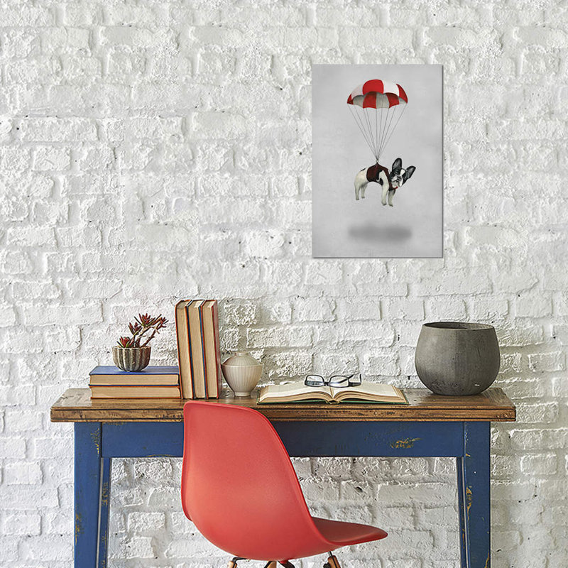 Reproduction d’art sur toile tendue, "bouledogue avec parachute" coco de paris, Toile avec cadre noir, Pas de tapis