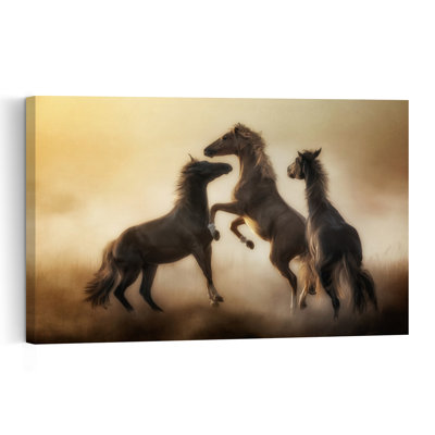 Chevaux sauvages, poussière d'or, art mural abstrait contemporain dramatique représentant un cheval, animal et nature