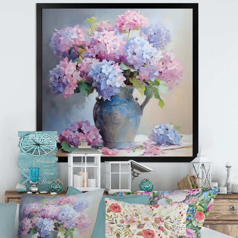 Bouquet d'hortensias tendres dans un doux pastel I - impression, H 30 po x l 30 po x P 1 po, Cadre simple noir