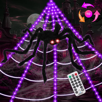 Upgrade 3 Colors Halloween Decorations Spiders Web Lights,11 Modes 16.4Ft 200 LED Super Bright Purple/Orange/Pink Rich Colors Halloween Lights With Remote Control,49'' Giant Glowing Spider