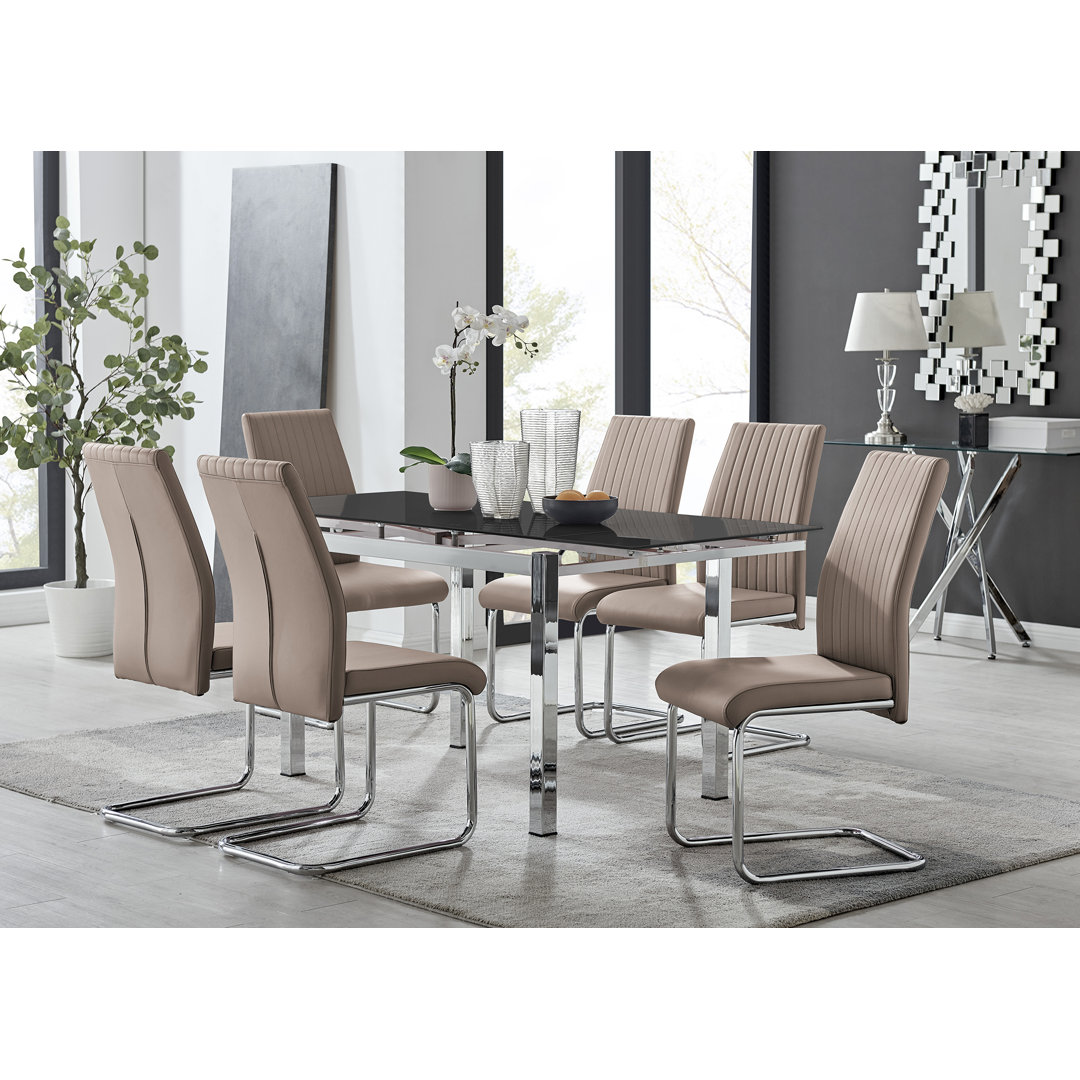 Tierra Modern Glass & Metal Extendable Dining Table Set & 4 Luxury Faux Leather Dining Chairs East Urban Home Chair