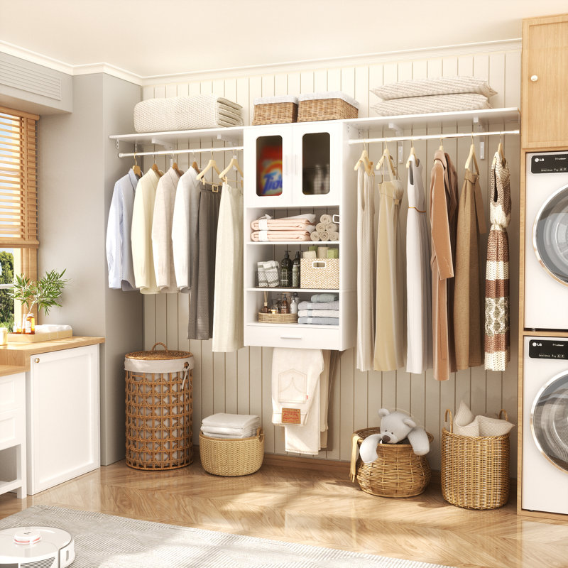20.5‘’ - 95.7'' W Wall Cabinet with Drawer, Door and Hanging Rods, White