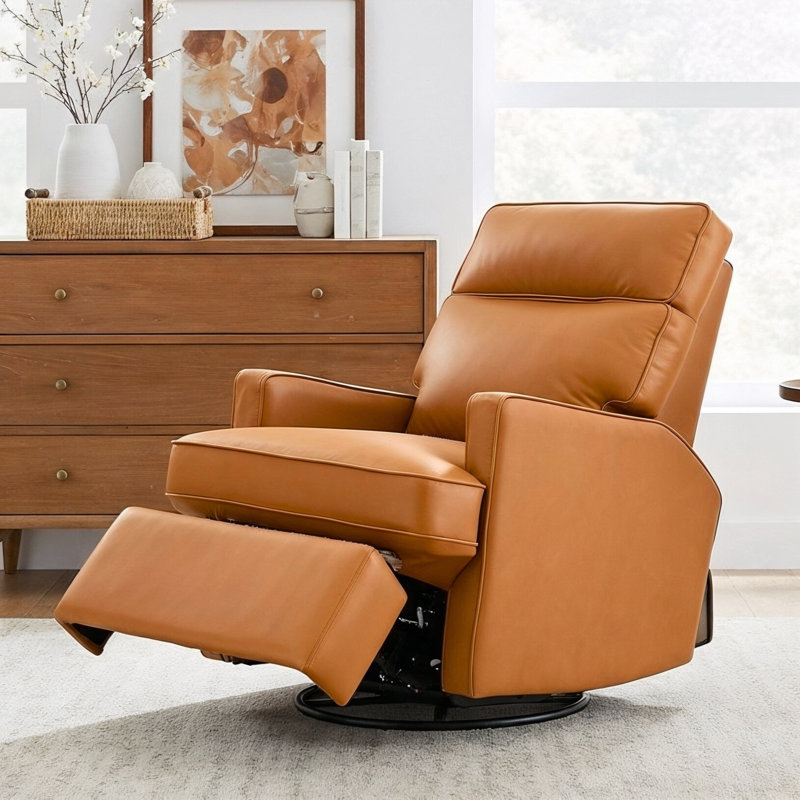 Fauteuil inclinable pivotant électrique Joris 30 po en cuir pleine fleur avec ports de chargement USB-A et USB-C, Tanné