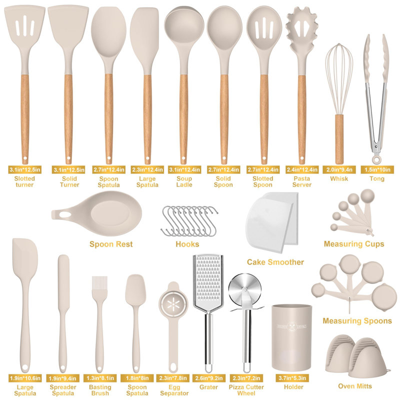 Silicone Cooking Utensils Set, 43Pcs Non-Stick Heat Resistant Kitchen Utensils Spatula Set With Wooden Handle For Baking, Cooking, And Mixing, Best Kitchen Gadgets Tools With Holder (Khaki)
