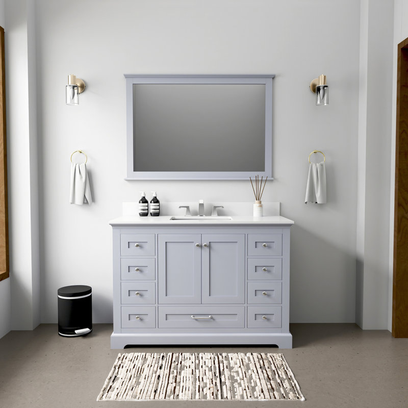 48 po De salle de bain gris foncé avec comptoir en quartz blanc, robinet, 46 miroirs et teinture, robinet de salle de bain