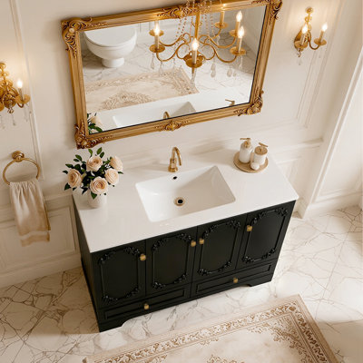 Meuble-lavabo noir de style français de 122 cm (48 po) avec détails sculptés, 4 portes à fermeture douce et 2 tiroirs, grand espace de rangement